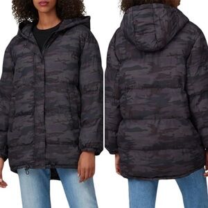 Sanctuary Women’s Hooded Down Puffer Jacket Winter Black Grey Camo Print Sz S